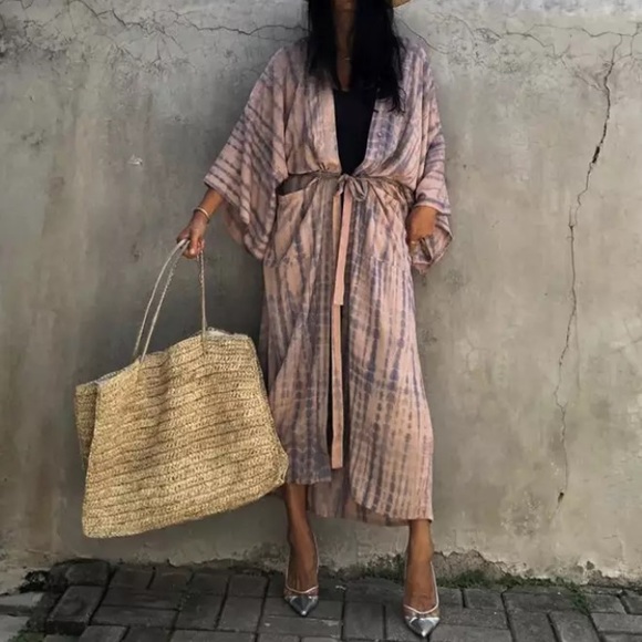 Dusty Pink Tie Dye Boho Swim Coverup Kimono Robe - Picture 3 of 4